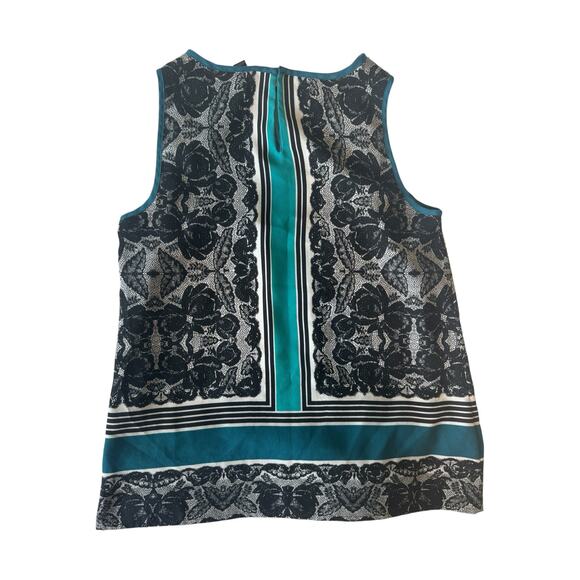 Ann Taylor Petite SP Sleeveless Blouse Teal Black Lace Print Baroque Top Work - Picture 3 of 7